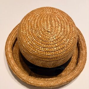Straw Bowler Hat with Black Ribbon — Natural Tan Woven Boater Style